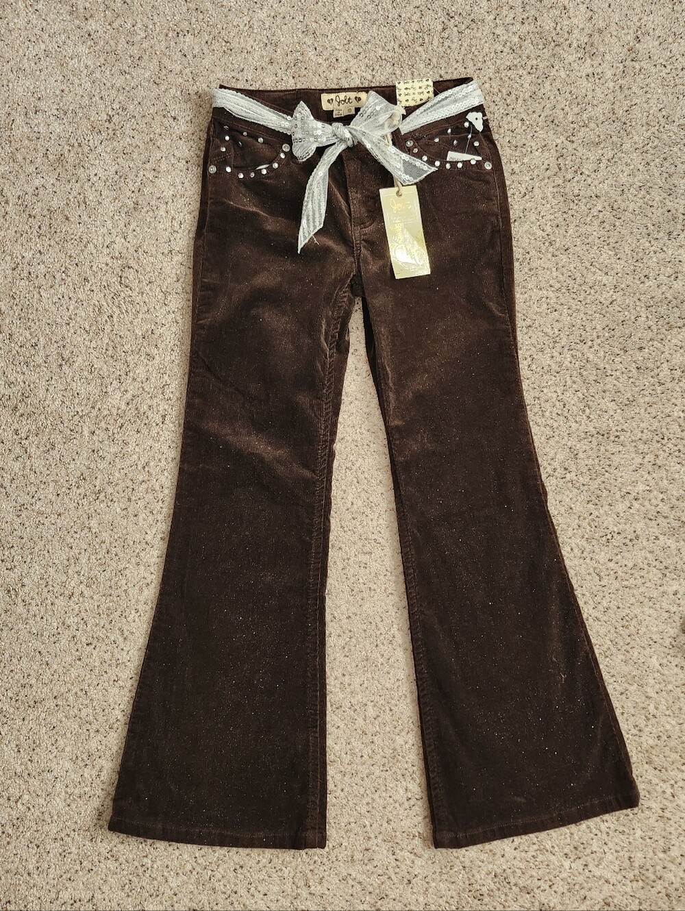 New Jolt Brown Corduroy Flare Pants with Silver Sequin Belt